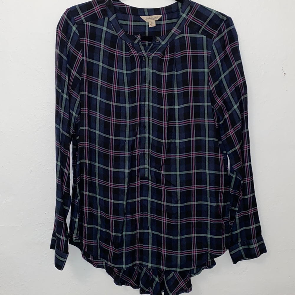 Lucky Brand Blue Plaid Tunic W/ Peplum Back, Popover Button Long Sleeve blouse - Picture 2 of 7